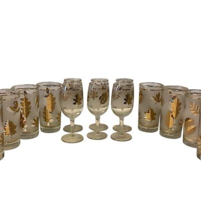 LEMO705 Vintage Libbey Gold Leaf Frosted Stemmed & Water Glasses	Lot includes 6 stemmed and 8 water glasses.
