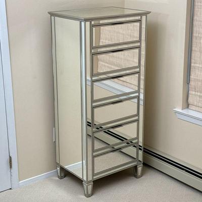 MIRRORED CHEST OF DRAWERS | Tall dresser / lingerie chest or semanier, with metal frame and 6 drawers with mirrored finish all around. -...