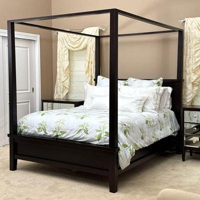 4 POSTER QUEEN BEDFRAME | Mahogany queen canopy bed frame with headboard and four posters & connecting canopy frame. - h. 80 x w. 67...