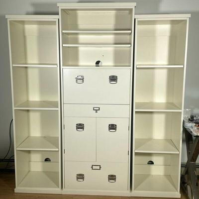 (3pc) POTTERY BARN WHITE BOOKSHELF CABINETS | Central cabinet height 76 x 29 x 17“; with a pair of outer bookshelf cabinets height 72 x...