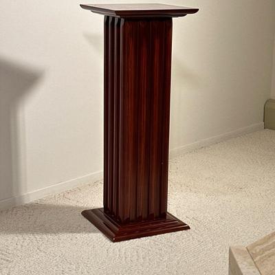 GRAIN PAINTED SQUARE DISPLAY COLUMN | Dark wood grain painted pedestal with a square base and top. - h. 30 x w. 12 x d. 12 in

