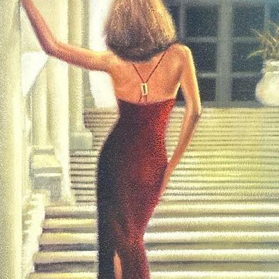 VINCENT GEORGE PRINT | Anticipation. Print on board. 22.5 x 17.25 in. sight. Labeled on back, from Bombay Furniture company. - w. 26.5 x...