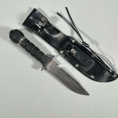 STAINLESS STEEL COMBAT KNIFE | Made of 420 Stainless steel, made in Taiwan, with serrated back, compass in hilt, and sharpening stone in...
