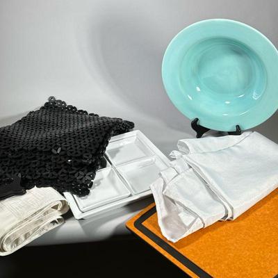 SERVING PLATTERS & TABLECLOTHES | Including: large blue serving bowl, white serving platter with 4 square dishes, and 2...