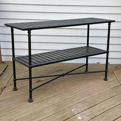 POTTERY BARN OUTDOOR CONSOLE TABLE | Slatted metal outdoor shelving from Pottery barn with x-stretcher on bottom, can work as a serving...