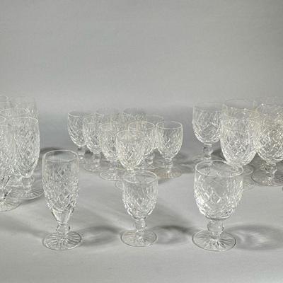 (34pc) WATERFORD CRYSTAL GLASSES | Briarcliff pattern Waterford cut crystal glasses including: 12 water goblets, 11 flutes, and 11 sherry...