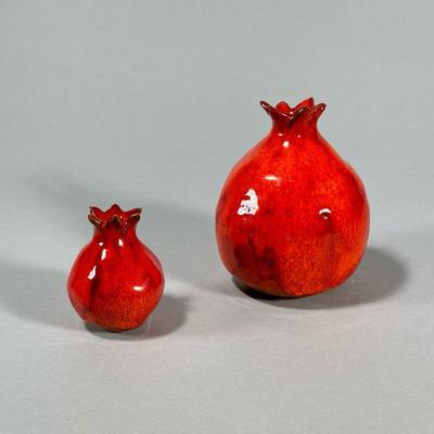 (2pc) PAIR CERAMIC POMEGRANATES | Pair of glazed terracotta pomegranates, signed on bottom and marked “Jerusalem”. - h. 5.5 x dia. 4 in...