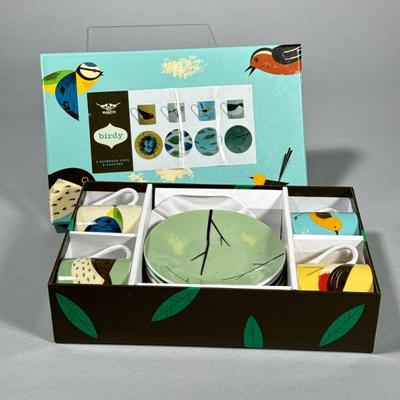NIB MAGPIE ESPRESSO CUPS | New in box Magpie Birdy ceramic espresso cup set with 4 cups & saucers. - h. 2.25 x w. 6 x l. 9.5 in (box)

