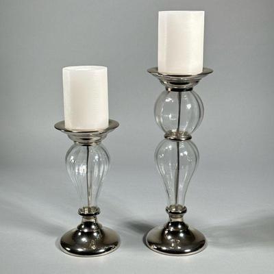 (2pc) PAIR GLASS CANDLESTICKS | Pair of glass & chrome candle holders. - h. 12.5 x dia. 4.5 in

