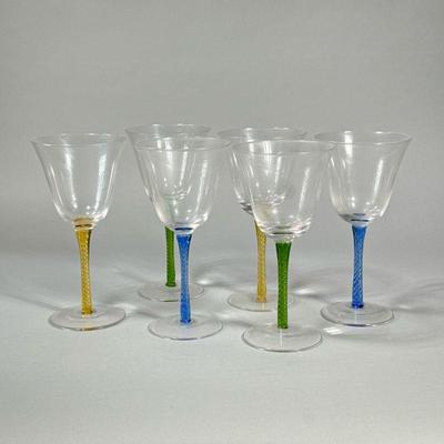 (6pc) COLORFUL AIR TWIST STYLE WINE GLASSES | Stemware glasses with green, blue, and yellow stems. - h. 8.5 in

