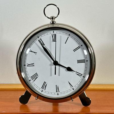 POTTERY BARN EASEL CLOCK | Chrome-cased easel-form table clock with Roman numerals. - dia. 9 in

