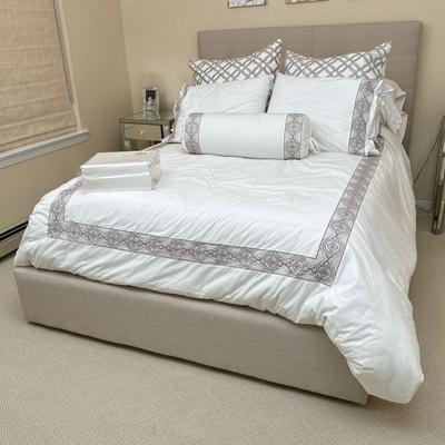 TUFTED FULL-SIZE BED FRAME | Gray full-size bed frame with tufted headboard and full skirt. Includes bedding! With sheets, pillowcases,...