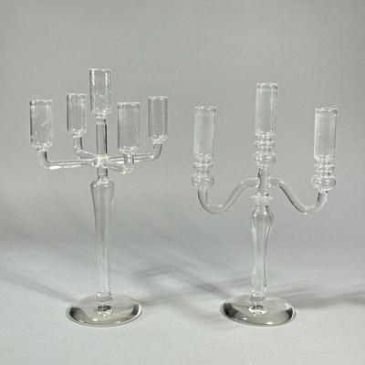 (2pc) HOLLOW-BLOWN GLASS CANDLE STICKS | Contemporary style clear glass candle holders including a five-arm candelabra and a three-arm...