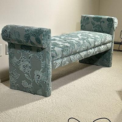 CHRISTOPHER HYLAND WINDOW BENCH | A custom upholstered widow bench, in a Christopher Hyland fabric, with textured velvet floral pattern...