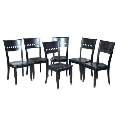 (6pc) BERMEX CUSTOM BLACK DINING CHAIRS | Made in Canada, six dining side chairs with black painted wood finish, the backrests with a...