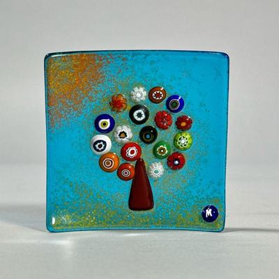 MINI BLOWN ART GLASS TRAY | Designed as a tree of glass beads, with an inset glass initial "M" lower right. - w. 3 x l. 3 in

