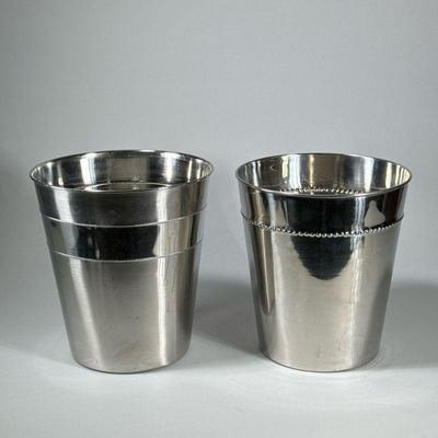 (2pc) SMALL METAL WASTEBASKETS | Decorative metal waste bins ideal for a powder room. - h. 11 in (tallest)

