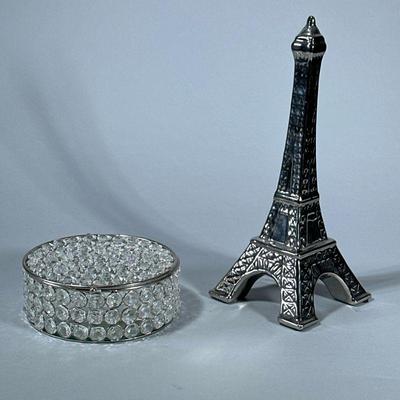 MISC. DECORATIVE ITEMS | Decorative home accents, including a chromed miniature Eiffel Tower figure and a Nicole Miller faux Crystal...