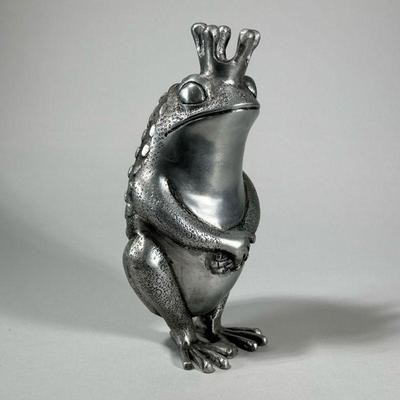 METAL PRINCE FROG FIGURINE | Hollow metal prince from figurine. - h. 11.5 x w. 5 x l. 6 in


