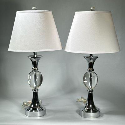 Pair Table Lamps | Glass and chrome table lamps with glass orb finials, having simple tapered fabric shades. - h. 32 x dia. 16 in (over...