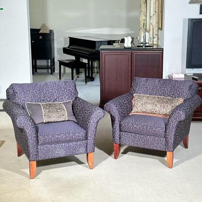 (2pc) PAIR CARTER ARMCHAIRS | Purple upholstered armchairs by Carter with scrollwork embroidery. - h. 30 x w. 36 x d. 33 in

