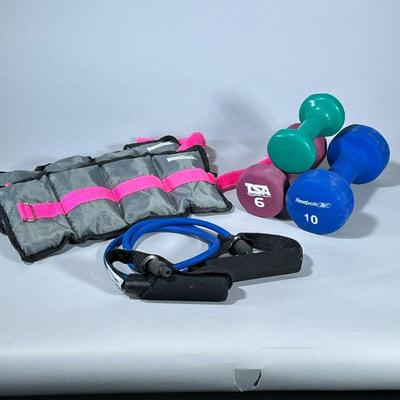 MIXED WORKOUT EQUIPMENT | Including: pair of ankle weights, 3lbs, 6 lbs, and 10 lbs dumbells, and resistance band.

