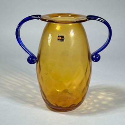 BLENKO BLOWN GLASS VASE | Yellow art glass vase with blue scrolled handles, with label. - h. 9.5 in


