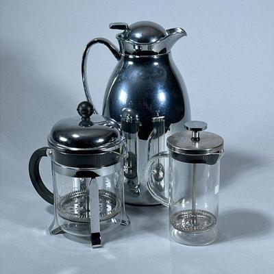 (3pc) COFFEE LOT | Including large hot water/coffee carafe, Bodum French press, and small Iris French press. - h. 11 x dia. 5.5 in...