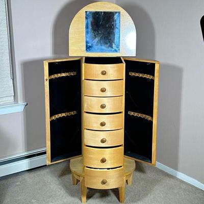 POWELL FITTED JEWELRY CABINET | Jewelry storage chest of modern design, having a flip top with mirror & ring holders over 6 drawers...