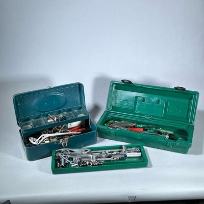 MIXED HAND TOOLS | Including mixed lot of wrenches, screwdrivers, socket sets, saw, and more in 2 toolboxes. - h. 5 x w. 7 x l. 18 in...