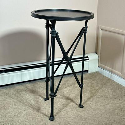 POTTERY BARN METAL SIDE TABLE | Round metal side table from pottery barn with x-stretchers. - h. 24 x dia. 14 in

