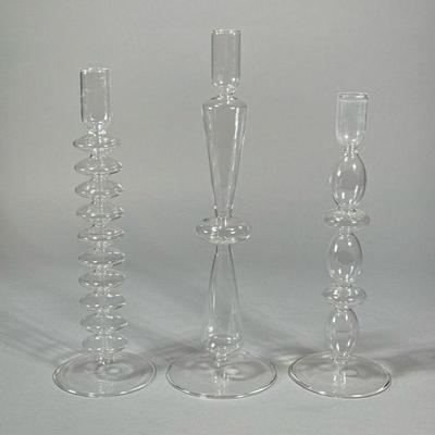 (3pc) HOLLOW BLOWN GLASS CANDLESTICKS | Contemporary style clear glass candle stick holders. - h. 12 in (tallest)


