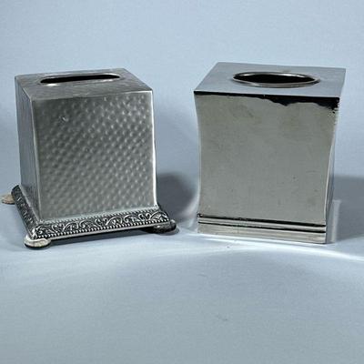 (2pc) TISSUE BOX COVERS | Two tissue box covers including one of hammered metal design and one of simple chromed finish. - h. 6 x w. 5.5...