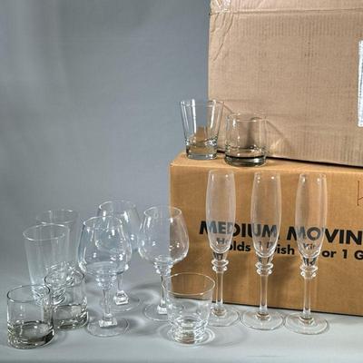 (33pc) POTTERY BARN & OTHER GLASSWARE | Large lot of mixed glassware including pottery barn wine glasses, water glasses, rocks...