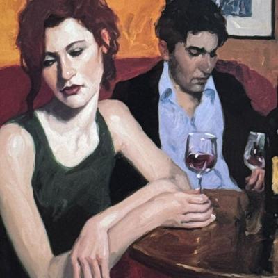 ED MARTINEZ ART PRINT | Blue Dancers. Art poster print in frame. 10 x 8.5 sight. Showing two figures sitting at a bar. - h. 22.5 x w....