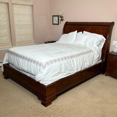 CARVED WOOD QUEEN BED FRAME | Queen bedframe with scrollwork carved headboard with fluted sides, inlaid center and carved skirt. - h. 56...