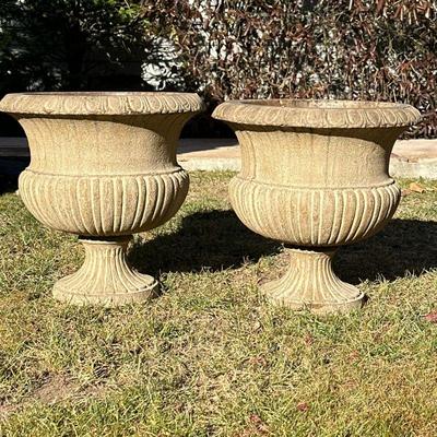 (2pc) PAIR COMPOSITION PLANTER URNS | Pair of composite or formed plastic planter urns with gadrooned sides, marked on the bottoms...