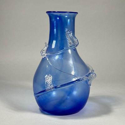 BURCHETTA BLUE ART GLASS VASE | Murano glass style, signed and dated 1992 on the bottom, the body of the vase surrounded with a swirled...