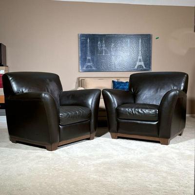 (2pc) PAIR ITALIAN LEATHER ARMCHAIRS | Black leather lounge armchairs made in Italy. - h. 35 x w. 40 x d. 48 in

