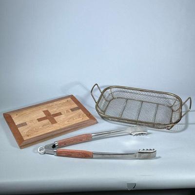 (3pc) GRILL GROUP | Including: grilling tongs, grilling basket, and wood cutting board. - h. 2 x w. 11 x l. 17 in (basket)

