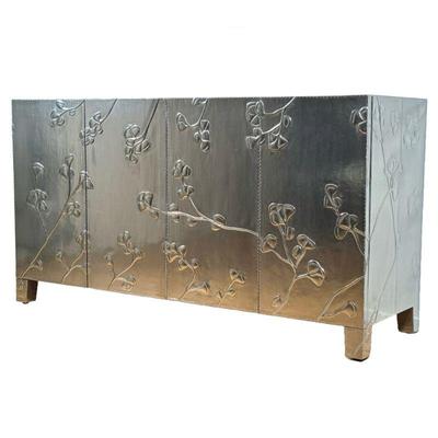 BERNHARDT HAMMERED SILVER CABINET WITH EMBOSSED FLORAL MOTIF | This modern cabinet by Bernhardt features a silver-leaf finish with...