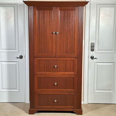 CUSTOM MADE MAHOGANY ARMOIRE / LINEN PRESS | Carved mahogany armoire with double door cabinet with 3 interior shelves over 3 drawers,...