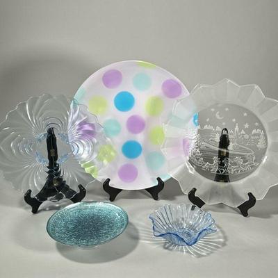 (5pc) COLORED GLASS PLATTERS & DISHES | Colorful serving dishes / decorative dishes. - dia. 14 in (largest)

