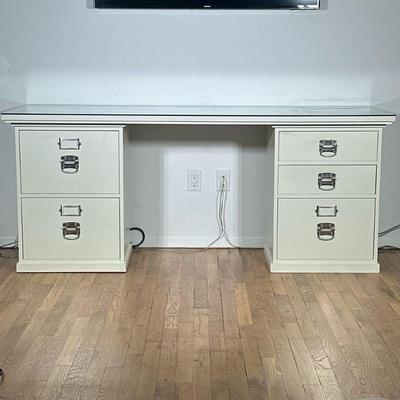 POTTERY BARN WHITE DESK | Having two banks of drawers and a glass top. - h. 29.5 x w. 70 x d. 23 in

