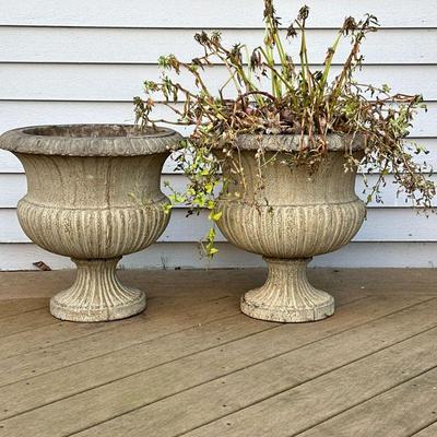 (2pc) PAIR COMPOSITION PLANTER URNS | Pair of composite or formed plastic planter urns with gadrooned design, marked on the bottoms...