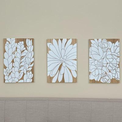 (3pc) WOOD CARVED ART | Set of three carved wood and painted wall panel artworks depicting white flowers on a natural wood ground. - w....