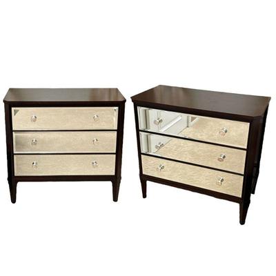 (2pc) PAIR ETHAN ALLEN NIGHTSTANDS | Small chest of drawers / bedside tables, each with a mahogany case and three full width mirrored...