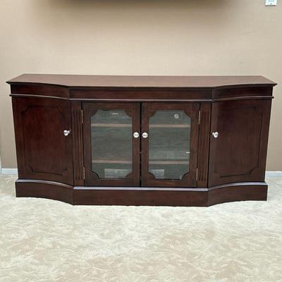 BREAKFRONT CREDENZA CABINET | Media console cabinet, having two cabinet doors centering two glass front doors, with storage shelves...