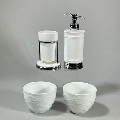 (4pc) BATHROOM CERAMICS | Including: ceramic toothbrush holder, soap dispenser, and 2 bowls. - h. 8 x dia. 3 in

