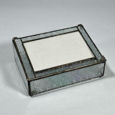 LEADED GLASS PICTURE FRAME TRINKET BOX | Textured decorated glass, with picture frame lid. - h. 3 x w. 8 x l. 6 in

